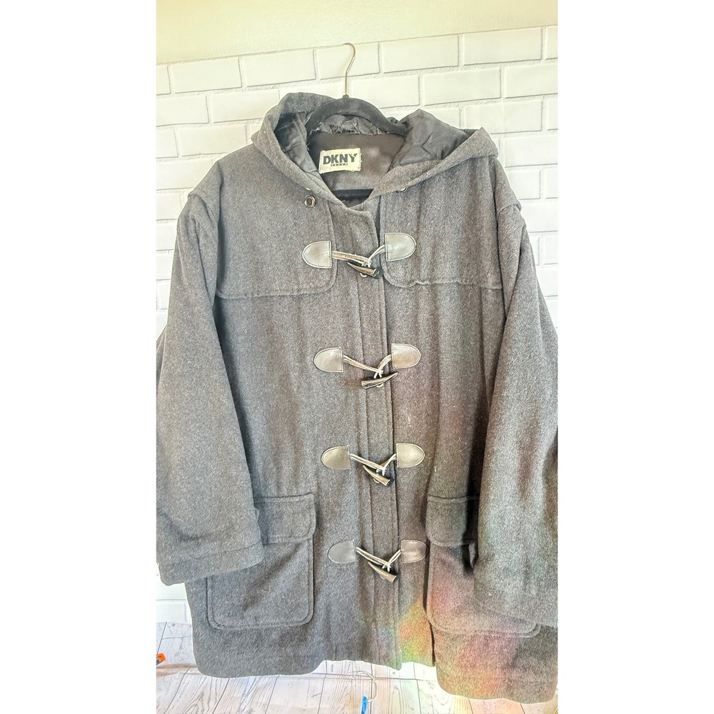 DKNY Mens Grey Wool Blend Hooded Duffle Toggle Coat Jacket
